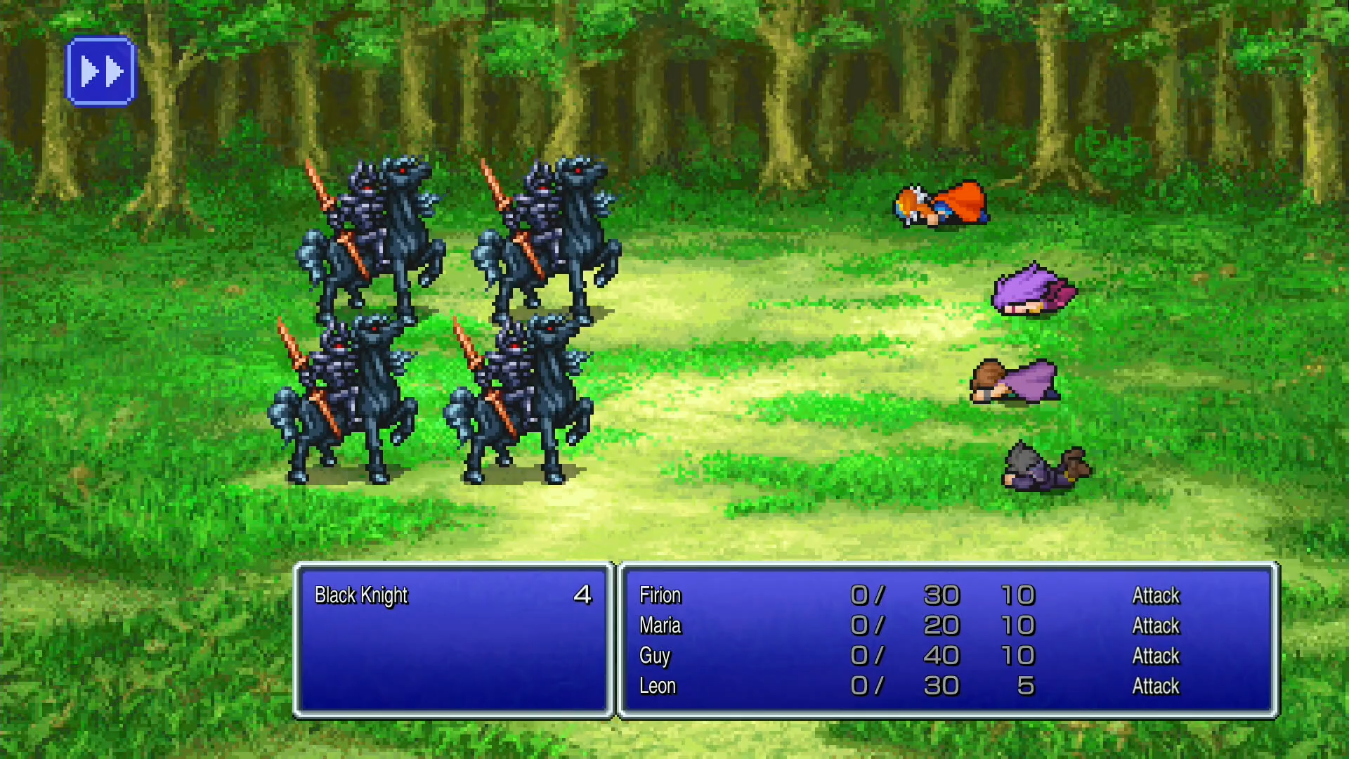 The unwinnable opening battle against 4 Black Knights in FF2's opening