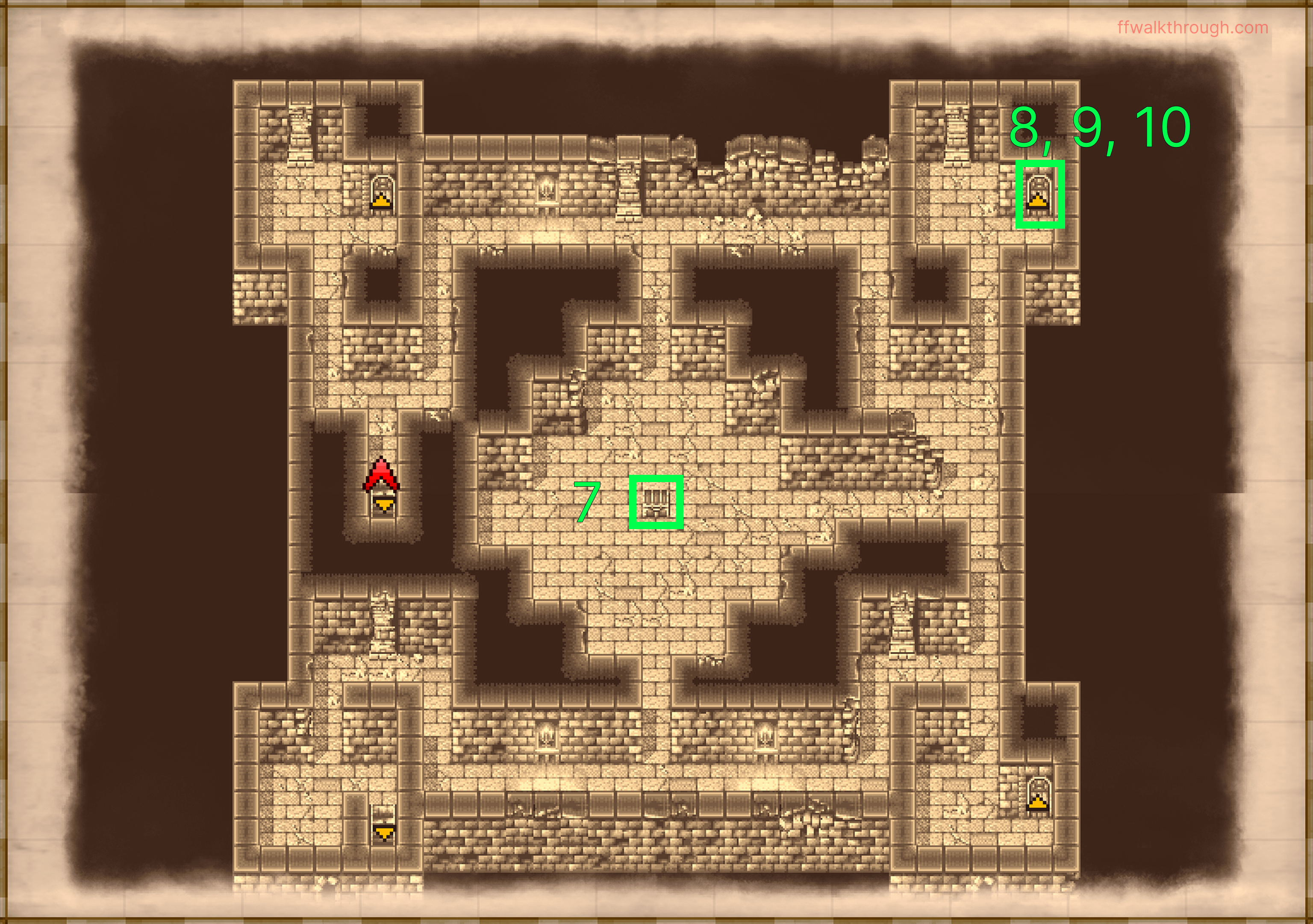 Kashuan Keep 5F map with chest and boss locations