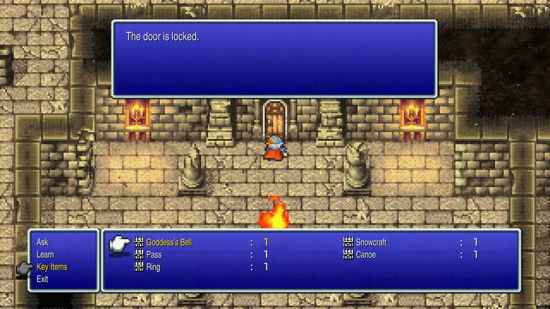 Using the Goddess's Bell on the locked door behind the flame